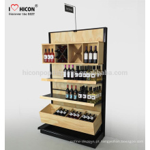 Fornece estante de vinho dobrável atraente e criativa para exposição no chão, garrafa de cerveja de bambu para loja de varejo Estante de madeira